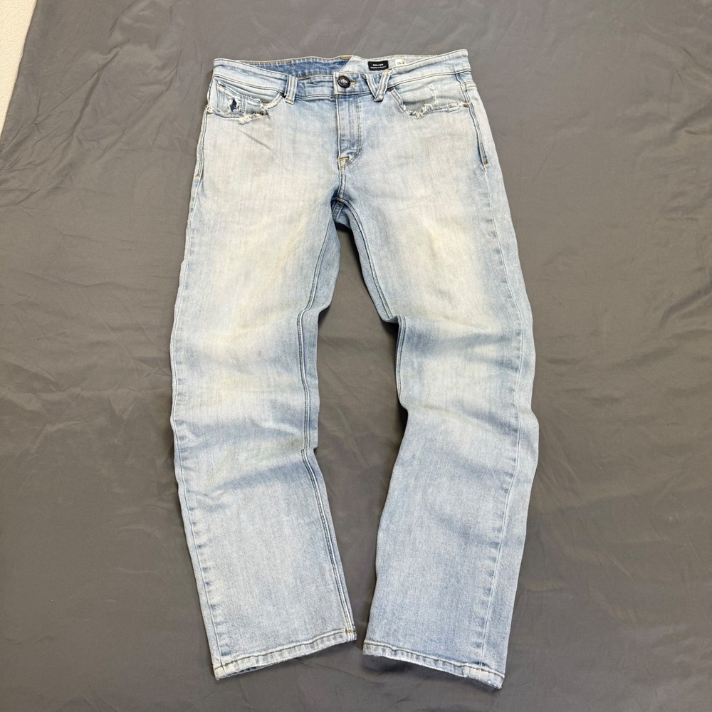 Volcom Solver Modern Straight Jeans Light Wash Blue Distressed Mens 34 x 30